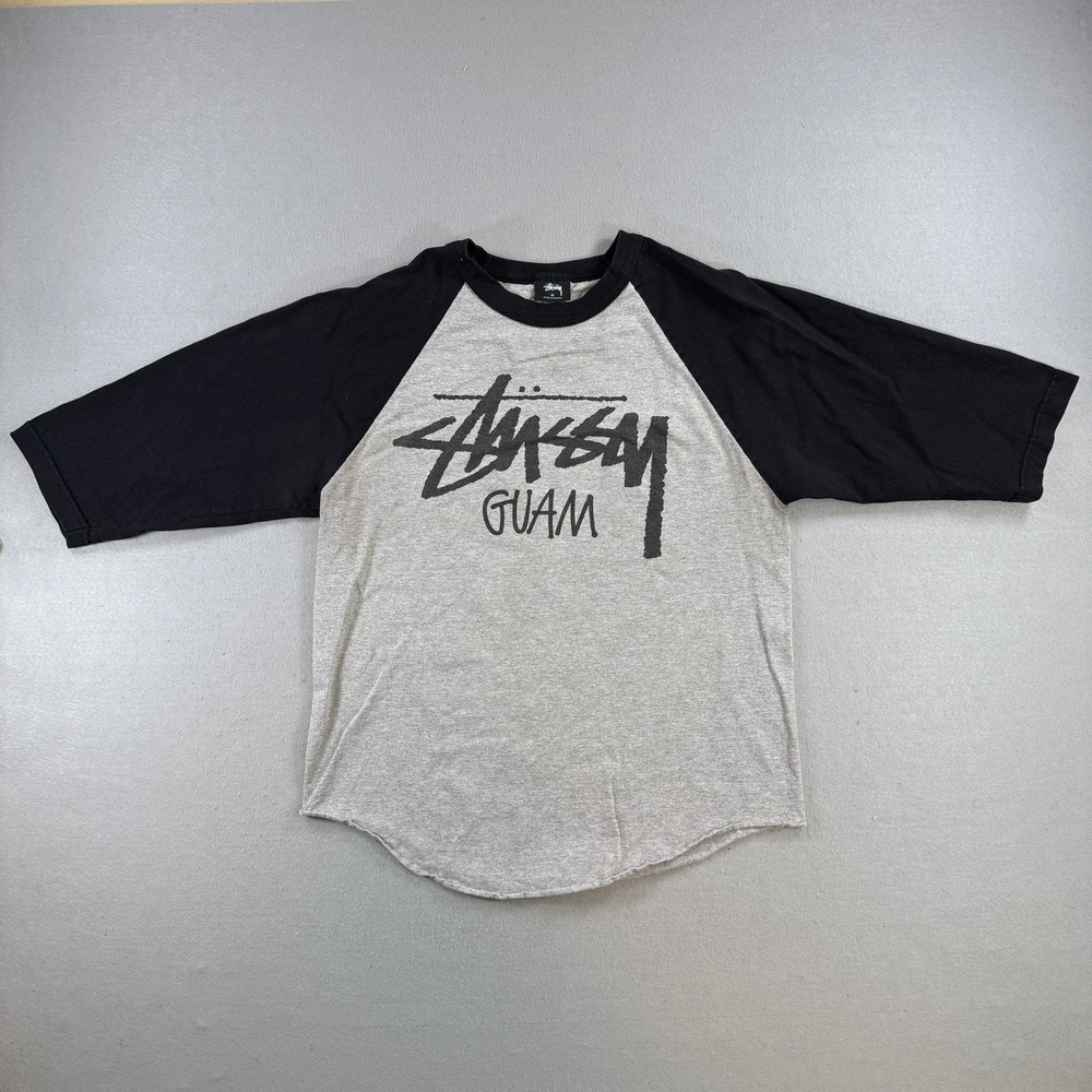 Stussy Guam T-Shirt Men Medium Gray Black 3/4 Sleeve Spell Out Graphic Skater